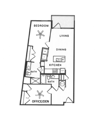 Floor plan for 1 bed, 2 baths, 1180 sqft